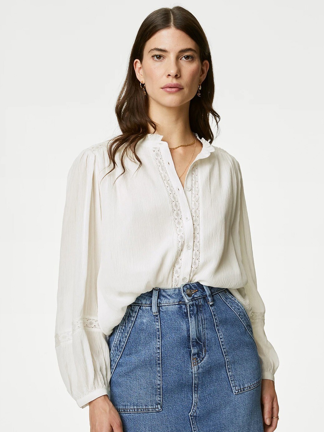 

Marks & Spencer Mandarin Collar Puff Sleeves Shirt Style Top, Off white