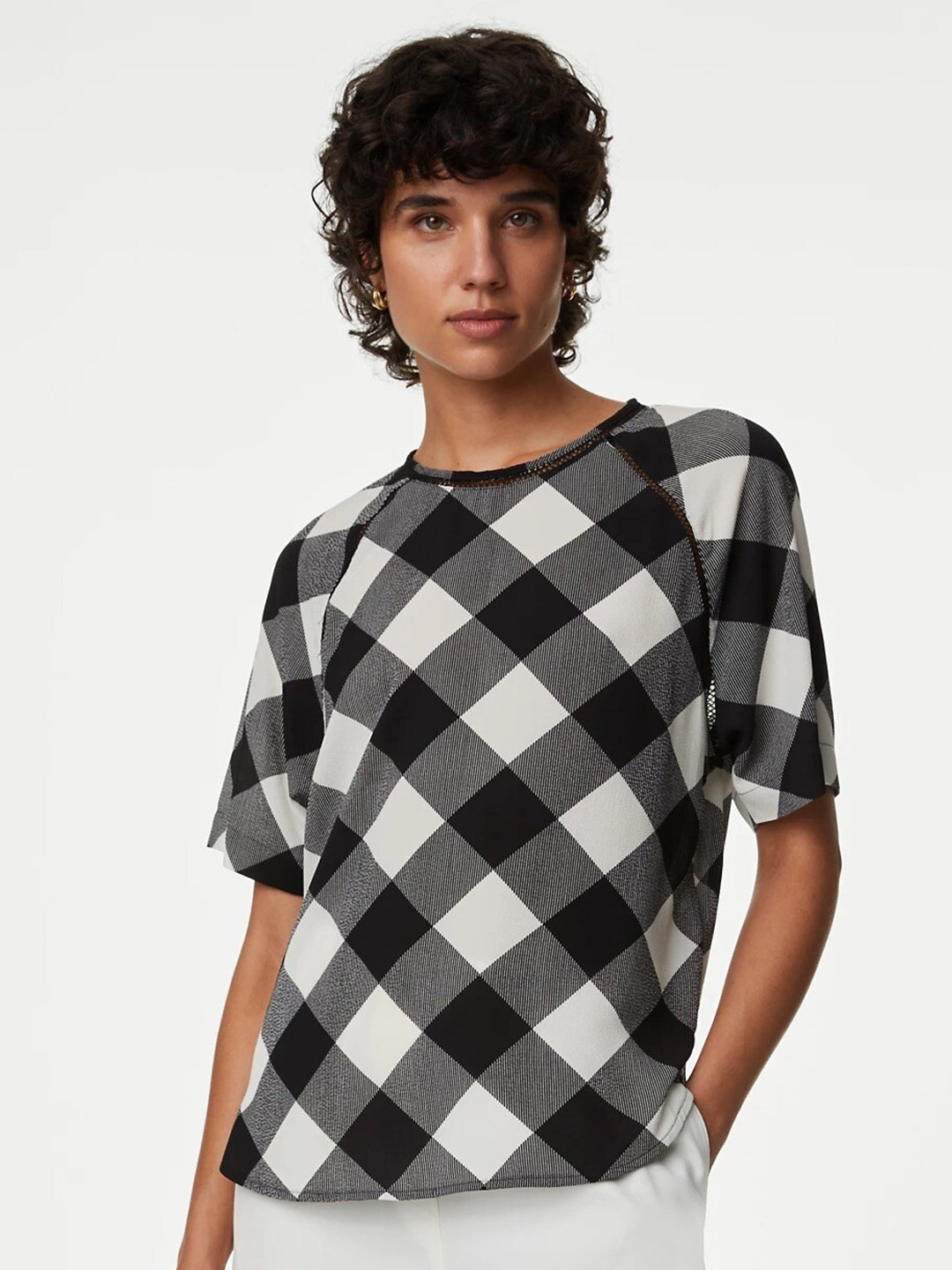 

Marks & Spencer Checked Round Neck Top, Black