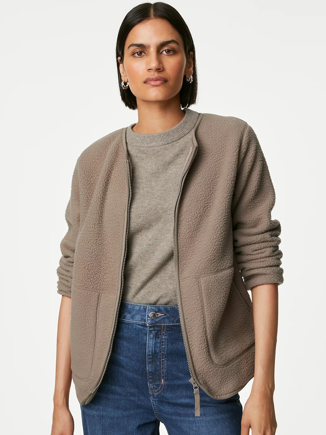 

Marks & Spencer Collarless Open Front Jacket, Coffee brown