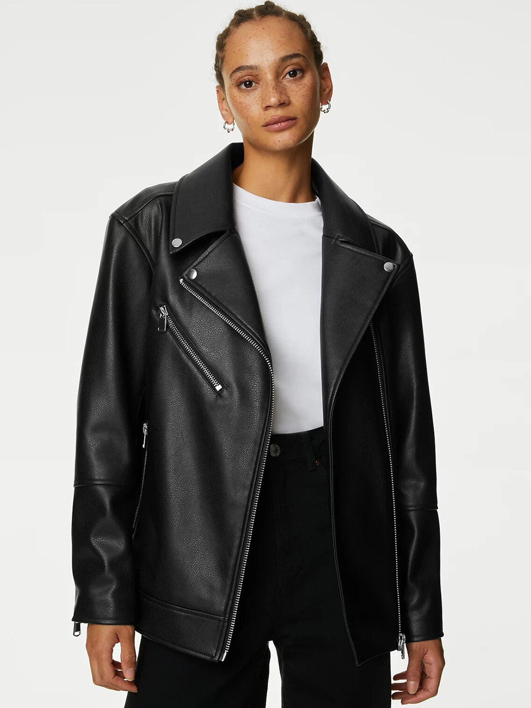 

Marks & Spencer Notched Lapel Collar Leather Jacket, Black