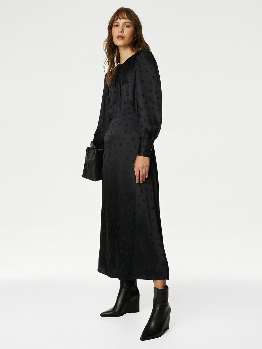 

Marks & Spencer Polka Dots Printed Cuffed Sleeves Fit & Flare Midi Dress, Black
