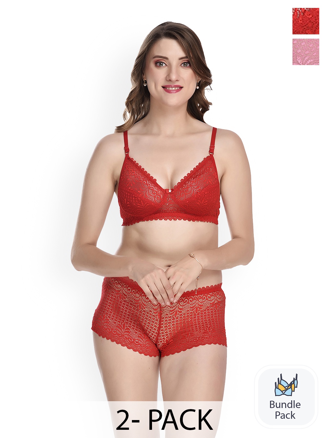 

AROUSY Pack Of 2 Self Design Cotton Lingerie Set, Red