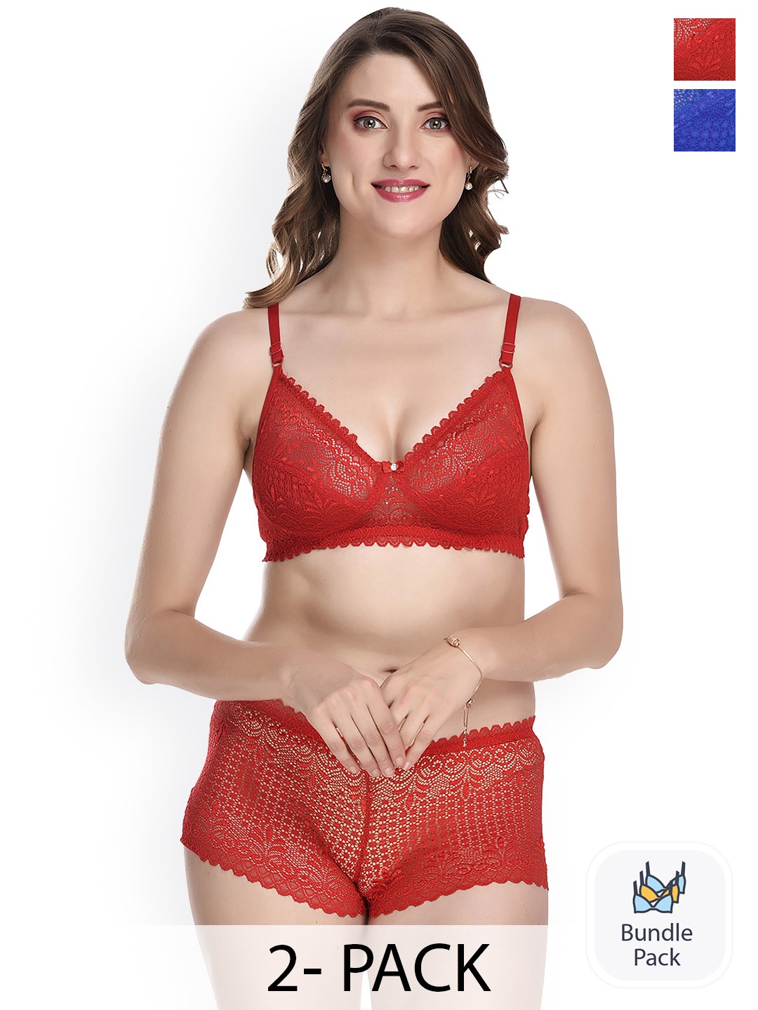 

AROUSY Pack Of 2 Self Design Non-Padded Cotton Lingerie Set ST_Net set_Red,Blue_30