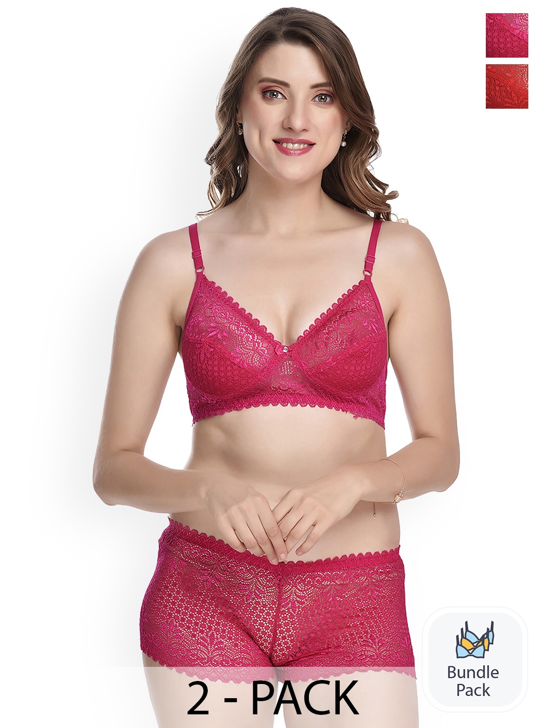 

AROUSY Pack Of 2 Self Design Non-Padded Cotton Lingerie Set ST_Net set_Red,Pink_30