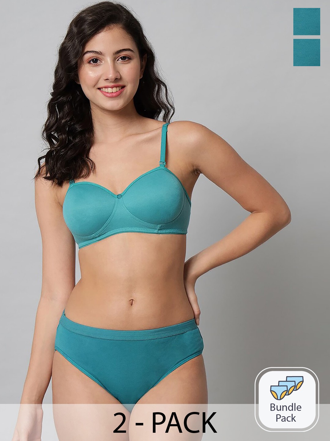 

AROUSY Pack Of 2 Non-Padded Cotton Lingerie Set ST_Demi set_Green,Green_30