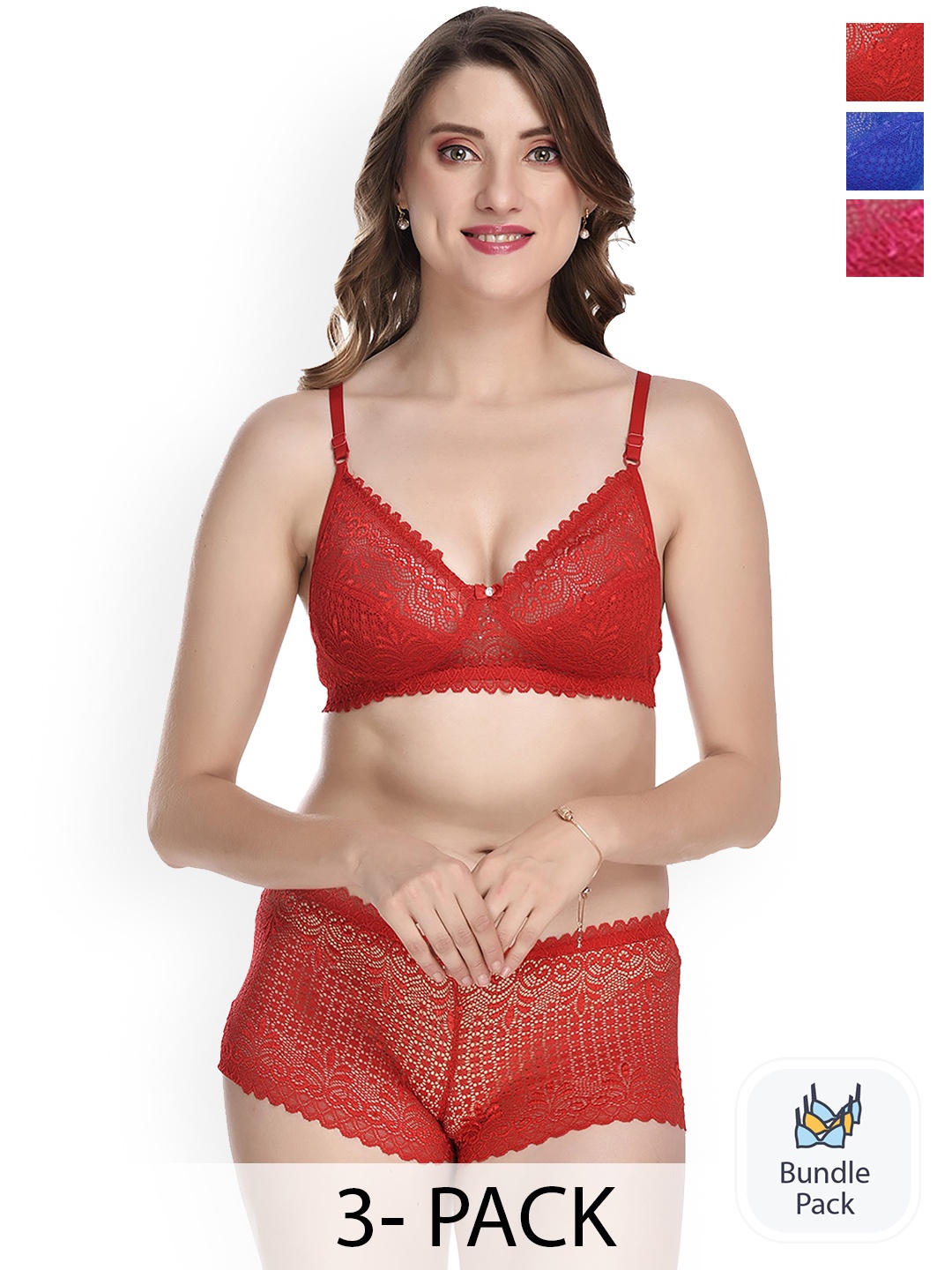 

AROUSY Pack of 3 Self Design Cotton Lingerie Set, Red