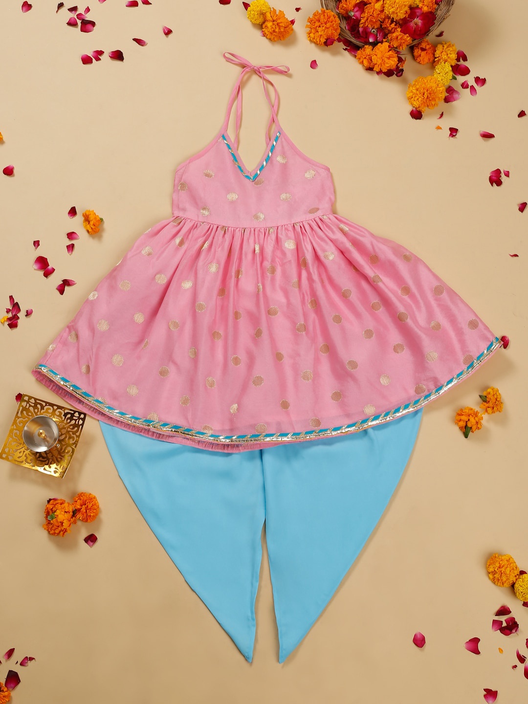 

SAKA DESIGNS Infant Girls Woven Design Halter Neck A-Line Kurta with Dhoti Pants, Pink