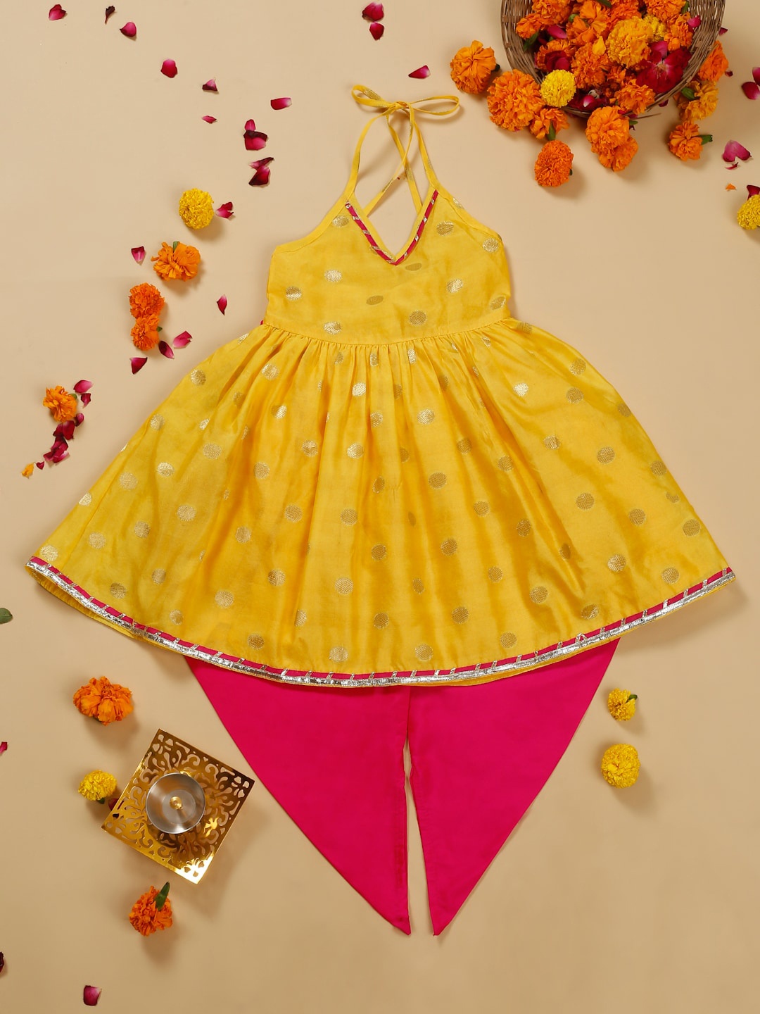 

SAKA DESIGNS Infant Girls Woven Design Halter Neck A-Line Kurta with Dhoti Pants, Yellow