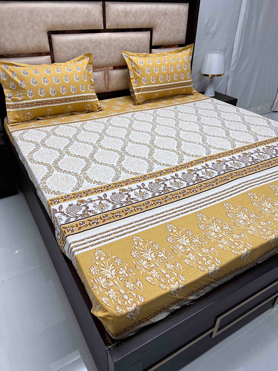 

Pure Decor Sapphire Yellow Floral Cotton 300 TC Fitted King Bedsheet with 2 Pillow Covers