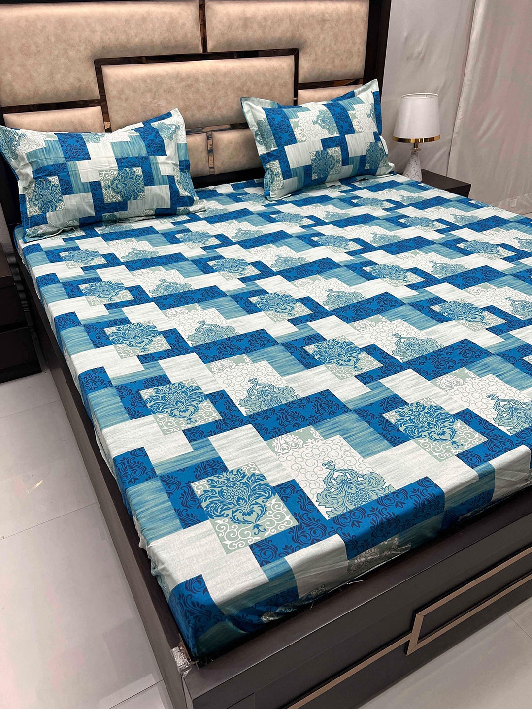 

Pure Decor Sapphire Blue Print Cotton 300 TC Fitted King Bedsheet With 2 Pillow Covers