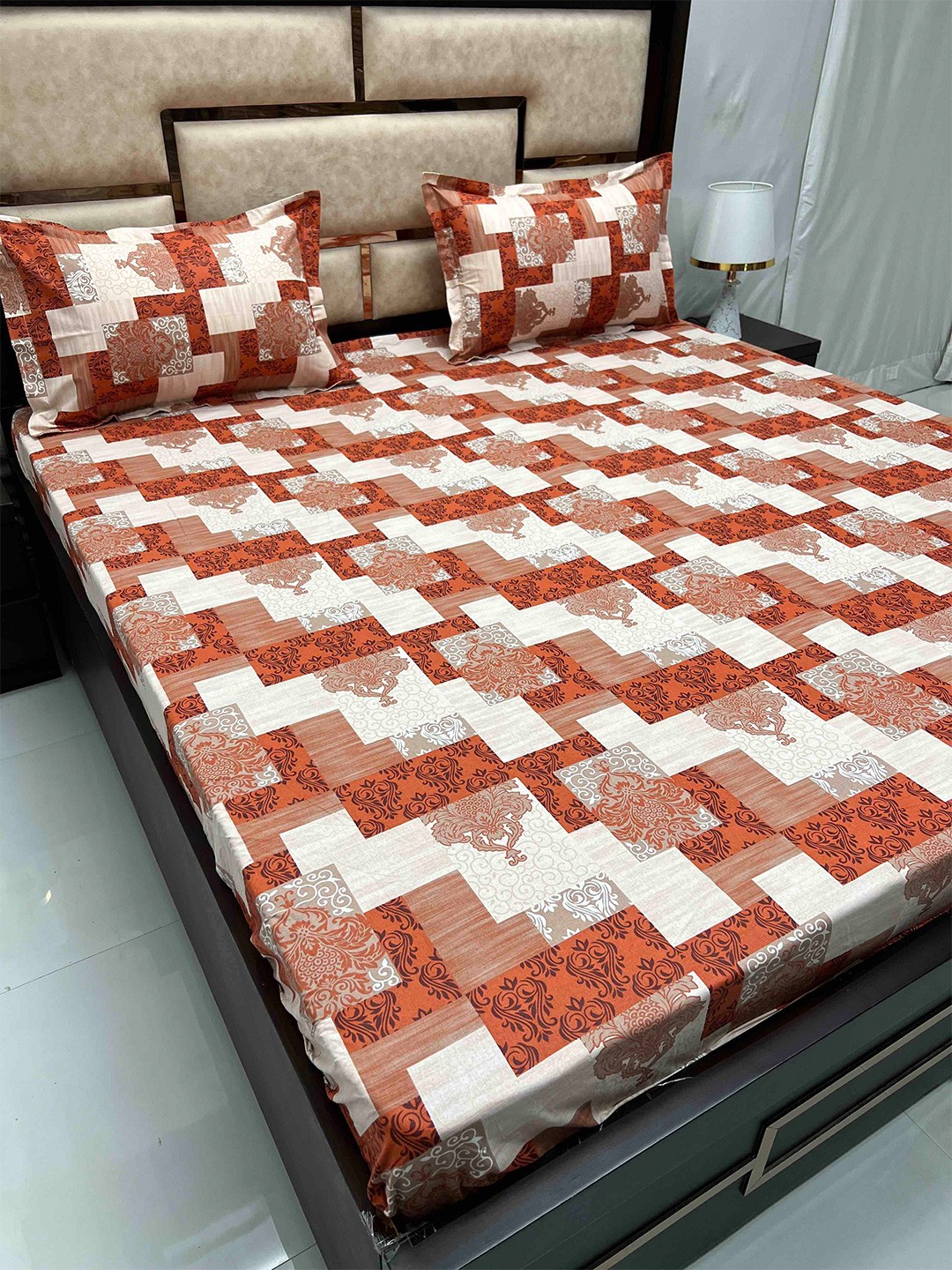 

Pure Decor Sapphire Orange Pure Cotton 300 TC Fitted King Bedsheet with 2 Pillow Covers