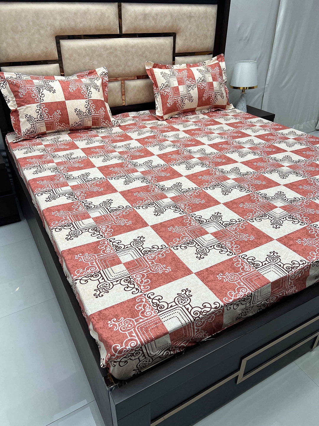 

Pure Decor Sapphire Rust Ethnic Cotton 300 TC Fitted King Bedsheet & 2 Pillow Covers