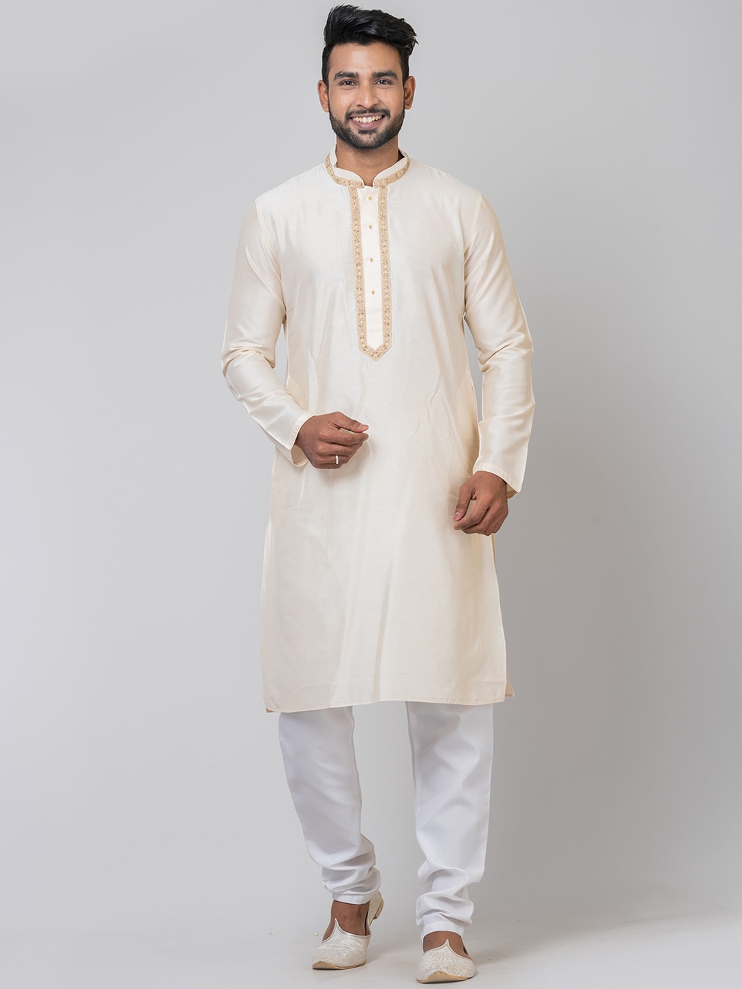 

HU - Handcrafted Uniquely Floral Yoke Design Mandarin Collar Thread Work Cotton Silk Kurta, Beige