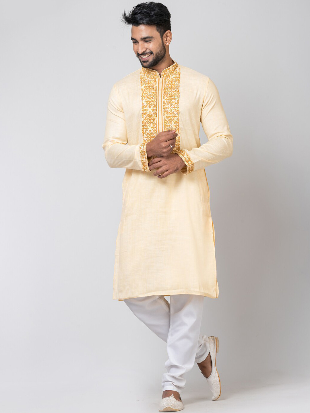 

HU - Handcrafted Uniquely Floral Yoke Design Thread Work Straight Kurta, Cream