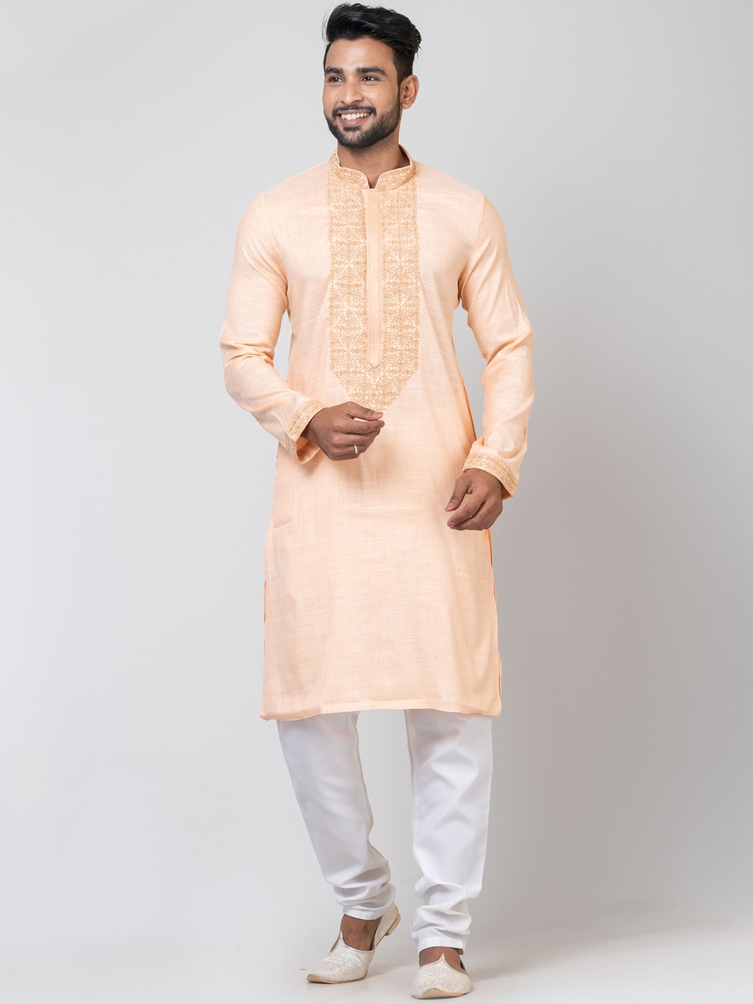 

HU - Handcrafted Uniquely Floral Yoke Design Thread Work Straight Kurta, Peach