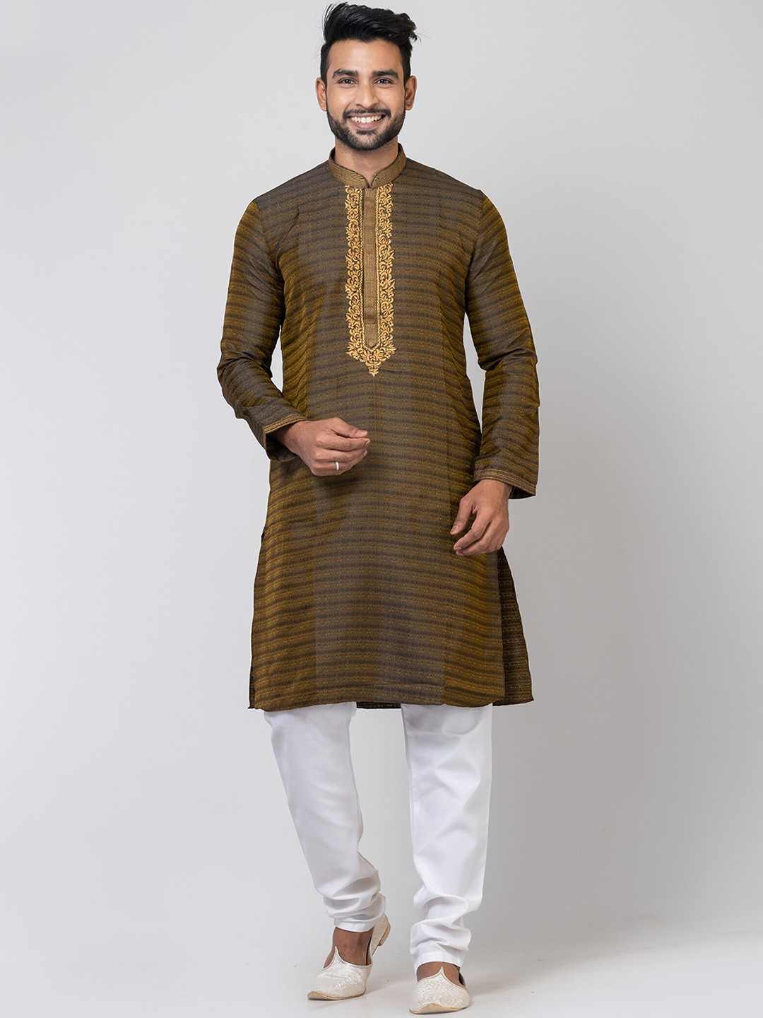 

HU - Handcrafted Uniquely Striped Thread Work Straight Kurta, Green