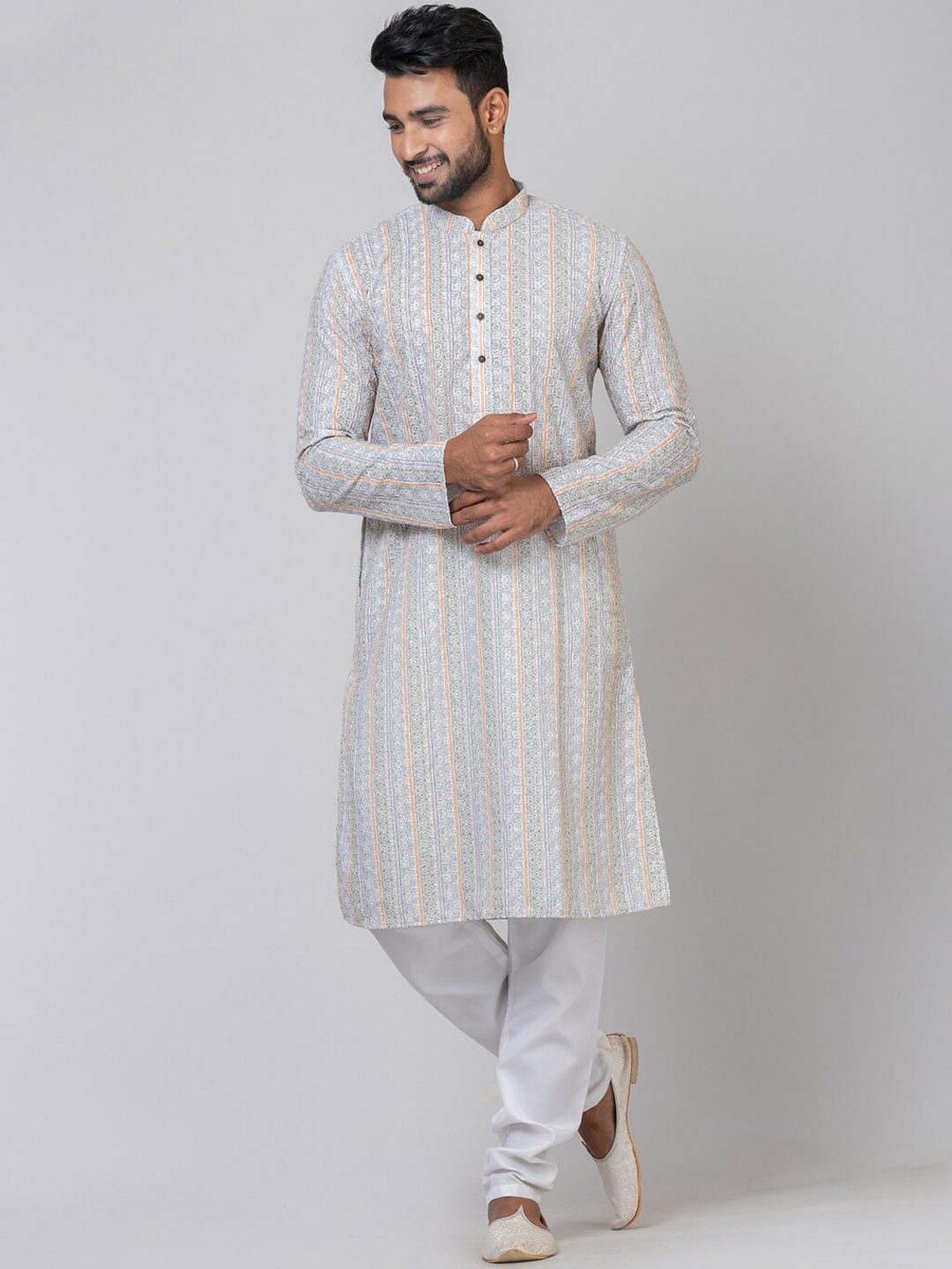 

HU - Handcrafted Uniquely Striped Chikankari Mandarin Collar Straight Kurta, Grey