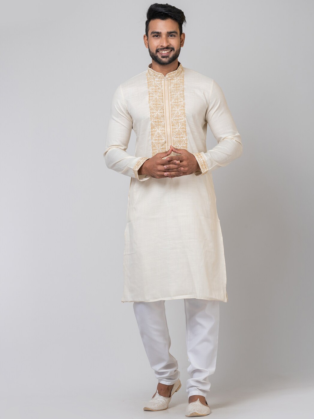 

HU - Handcrafted Uniquely Thread Work Mandarin Collar Straight Kurta, Beige