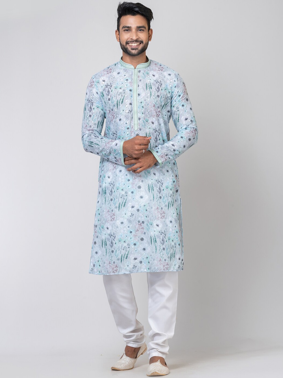 

HU - Handcrafted Uniquely Floral Printed Thread Work Mandarin Collar Straight Kurta, Blue