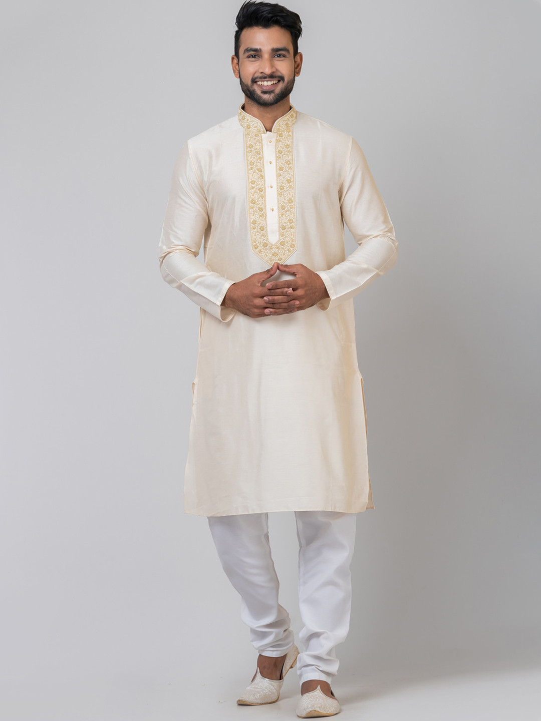 

HU - Handcrafted Uniquely Floral Yoke Design Thread Work Cotton Silk Kurta, Beige