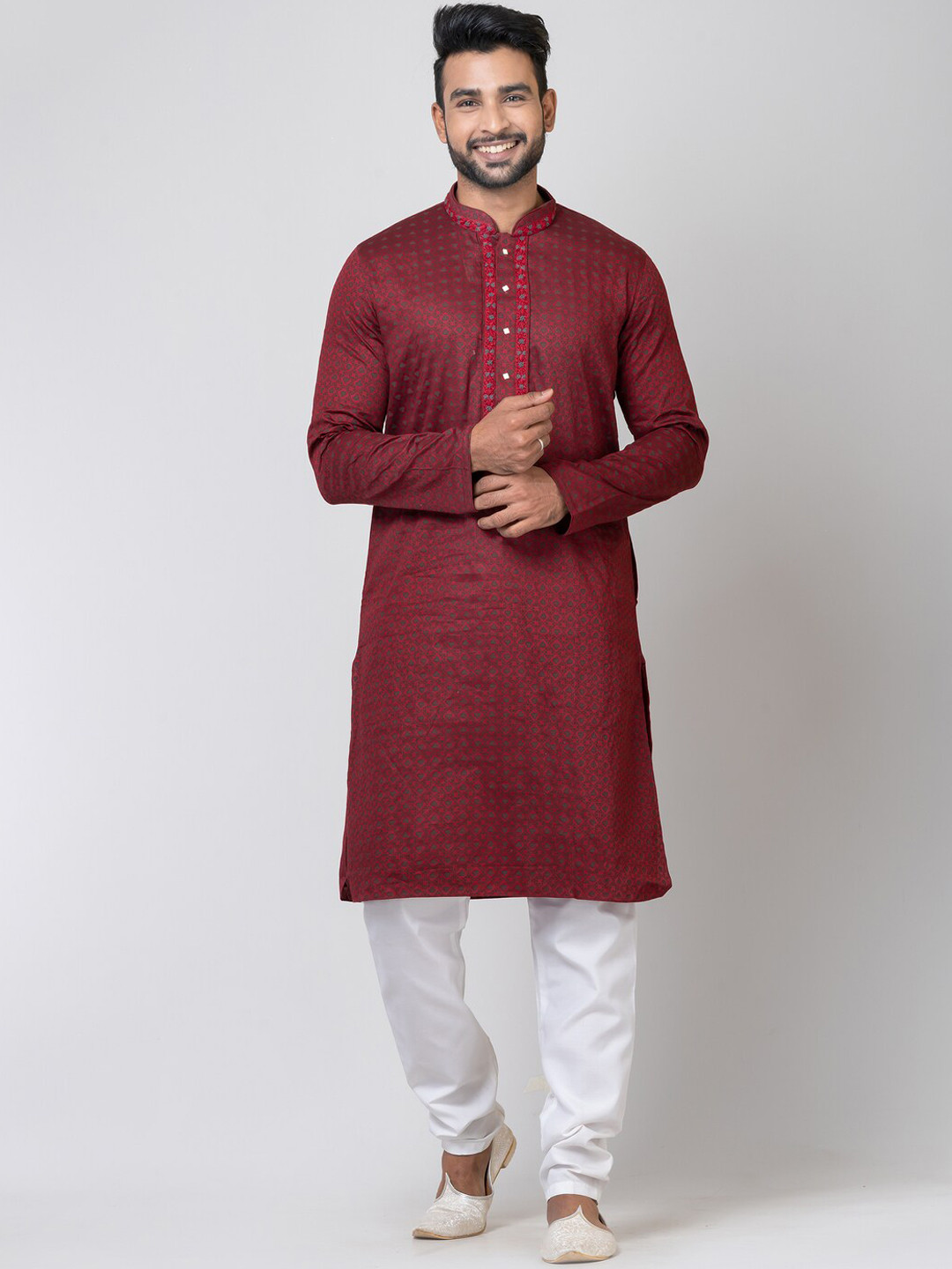 

HU - Handcrafted Uniquely Geometric Woven Design Thread Work Cotton Silk Kurta, Maroon