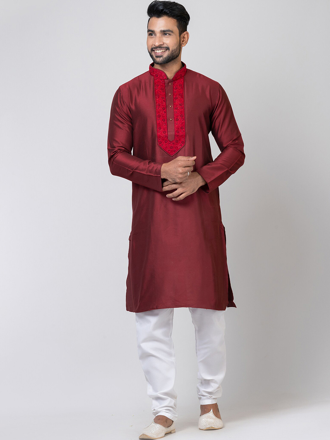 

HU - Handcrafted Uniquely Floral Yoke Design Thread Work Cotton Silk Kurta, Maroon
