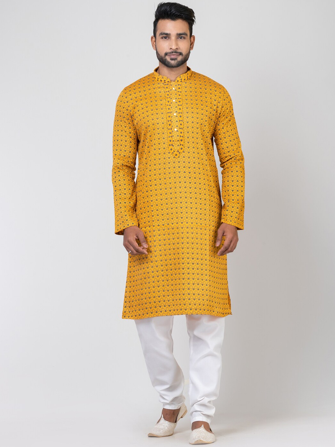 

HU - Handcrafted Uniquely Geometric Printed Cotton Silk Kurta, Mustard
