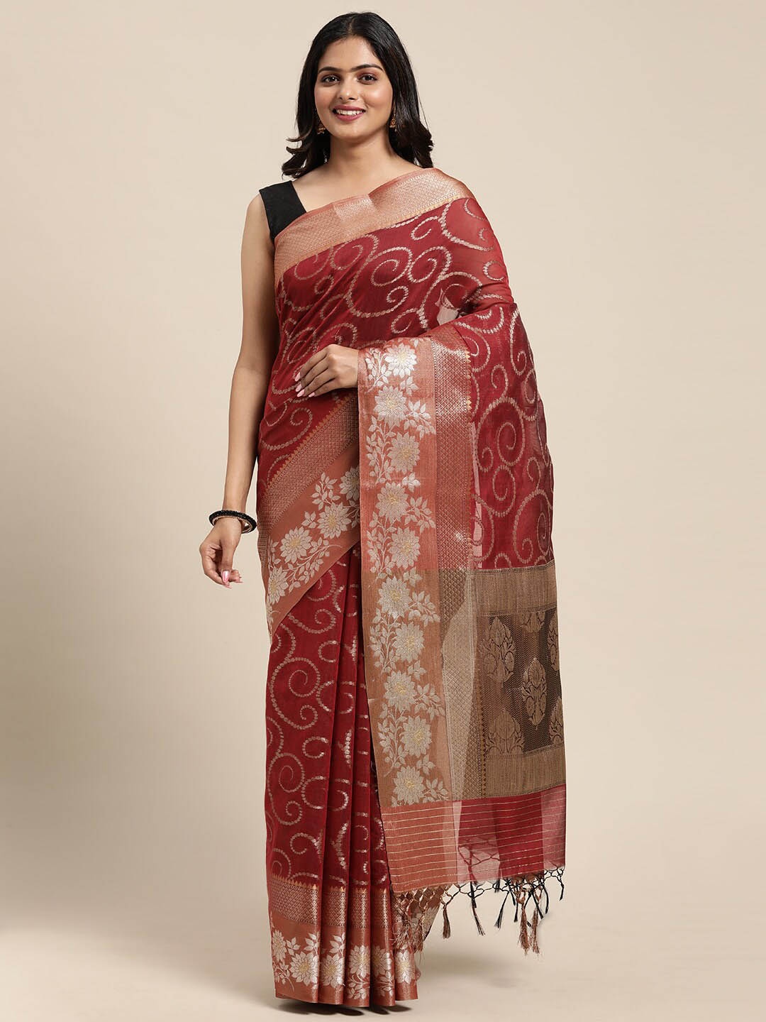 

PTIEPL Banarasi Silk Works Floral Woven Design Zari Saree, Red