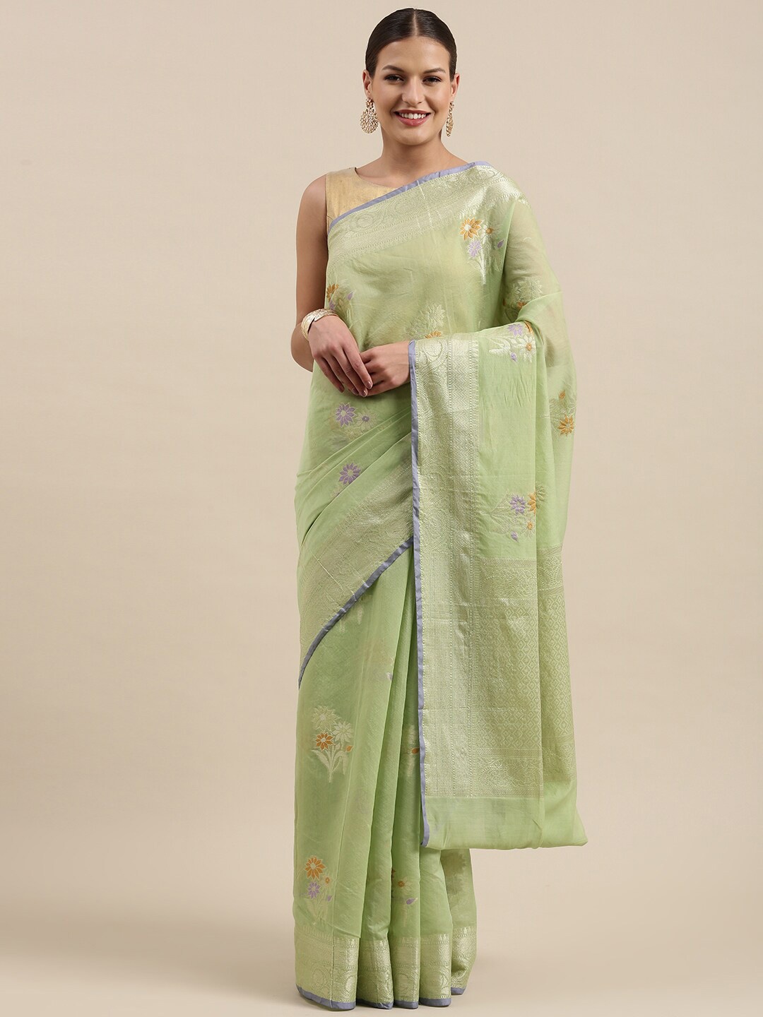 

PTIEPL Banarasi Silk Works Ethnic Motifs Woven Design Zari Banarasi Saree, Green