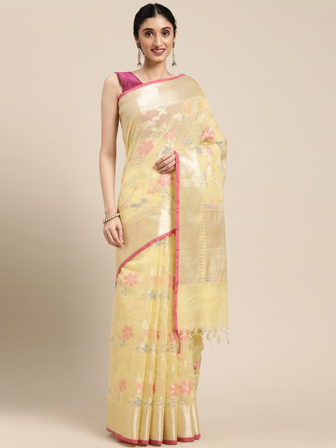 

PTIEPL Banarasi Silk Works Floral Woven Design Zari Banarasi Saree, Yellow