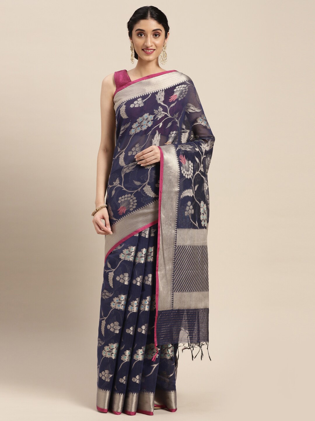 

PTIEPL Banarasi Silk Works Floral Woven Design Zari Banarasi Saree, Blue