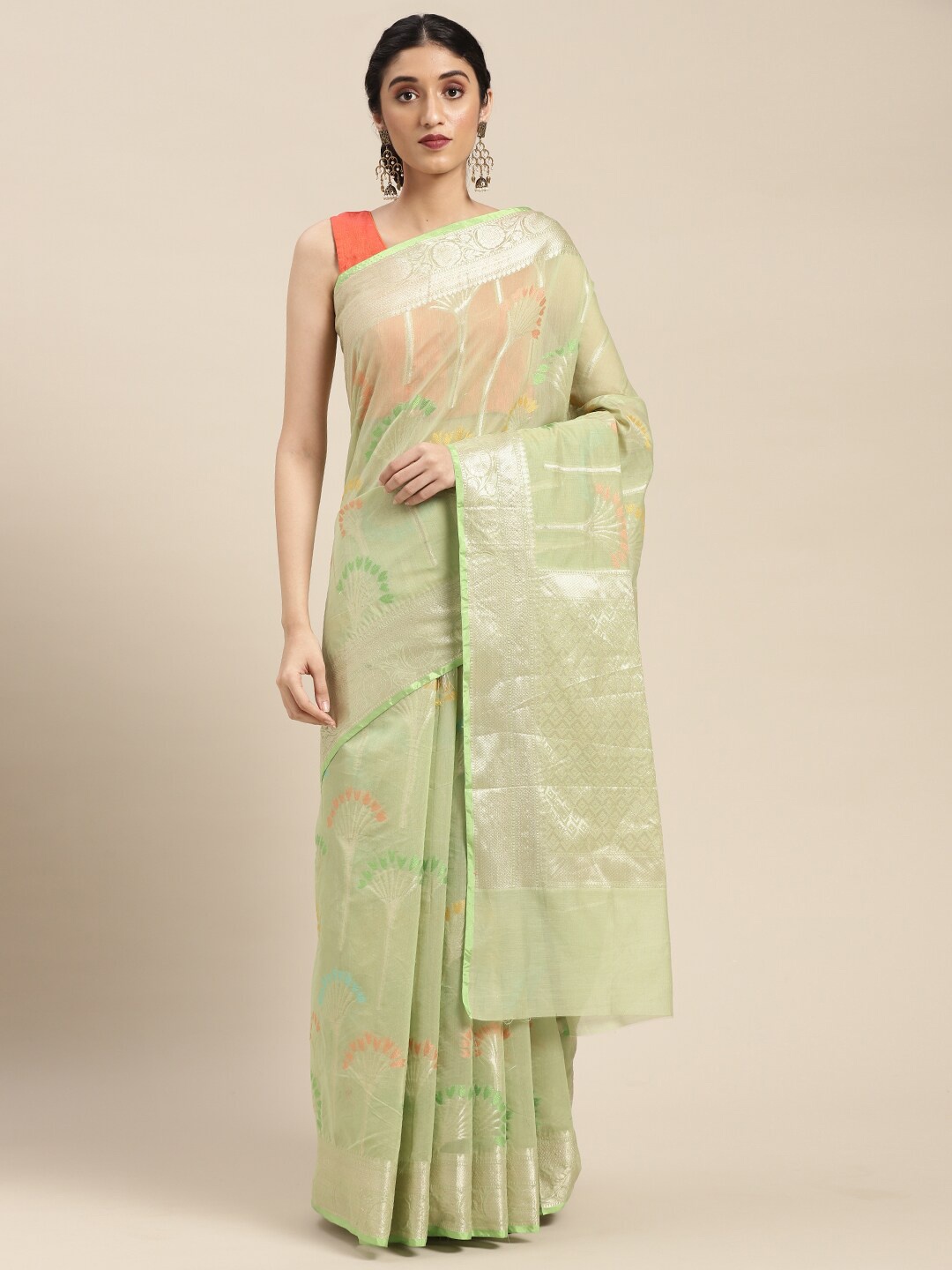 

PTIEPL Banarasi Silk Works Ethnic Motifs Woven Design Zari Banarasi Saree, Green