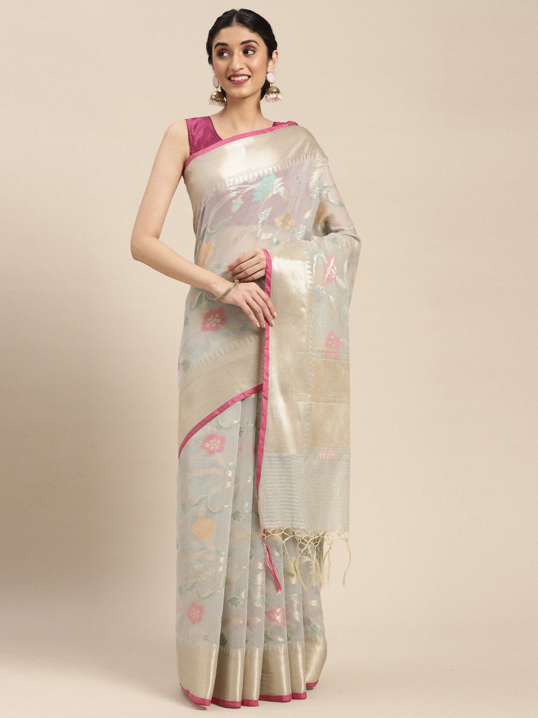

PTIEPL Banarasi Silk Works Woven Design Zari Saree, Grey