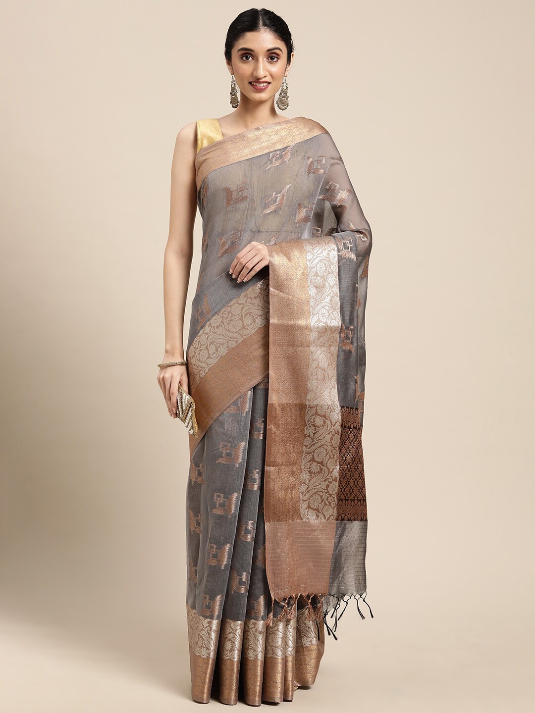 

PTIEPL Banarasi Silk Works Ethnic Motifs Woven Design Zari Banarasi Saree, Grey