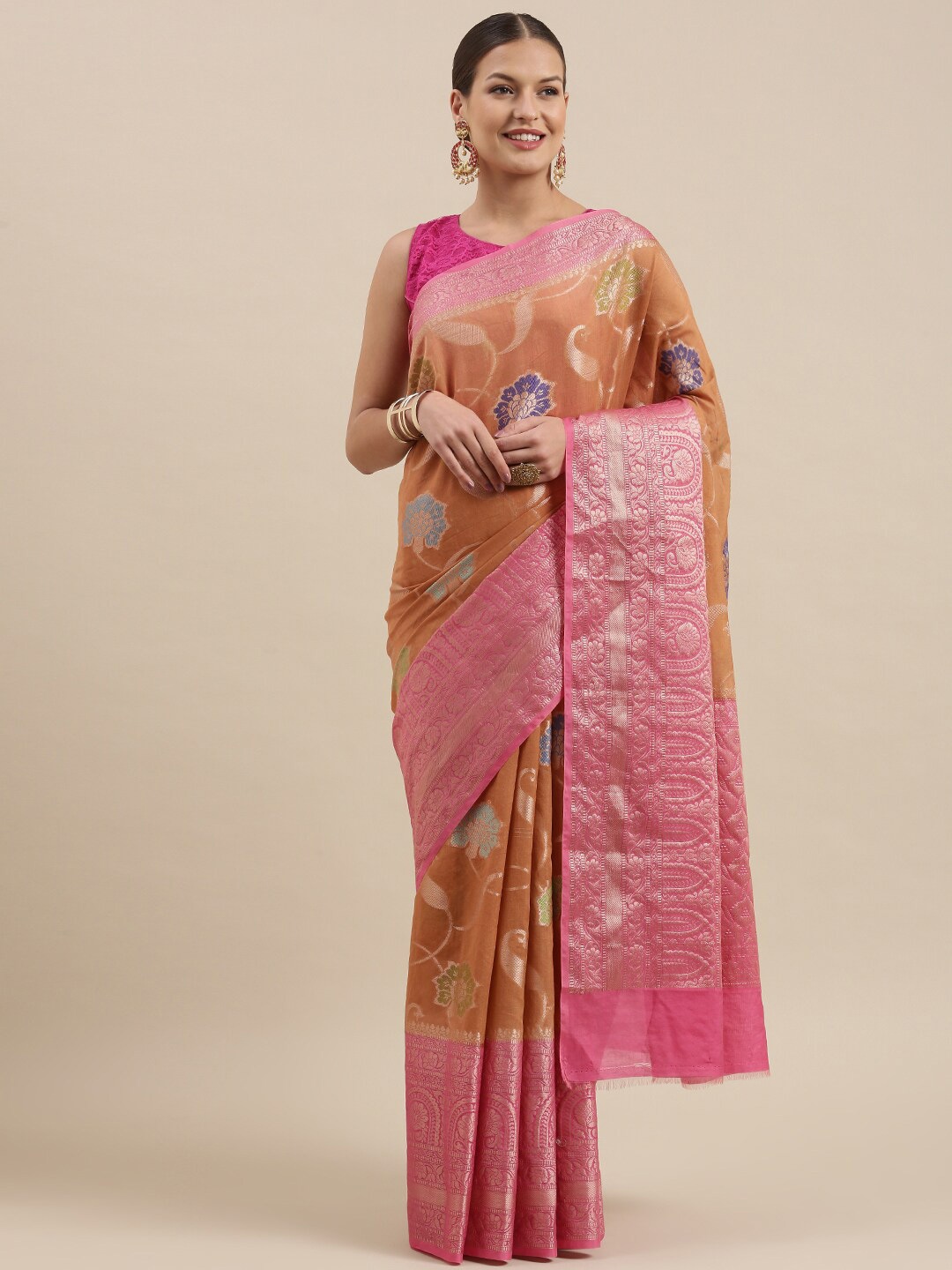 

PTIEPL Banarasi Silk Works Floral Woven Design Zari Designer Banarasi Saree, Orange