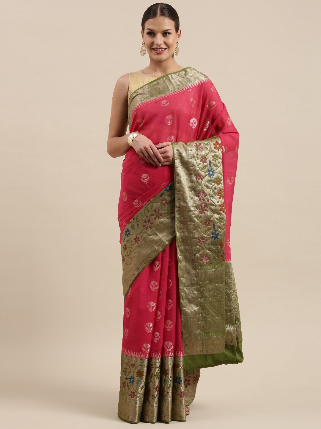 

PTIEPL Banarasi Silk Works Floral Woven Designed Zari Saree, Pink