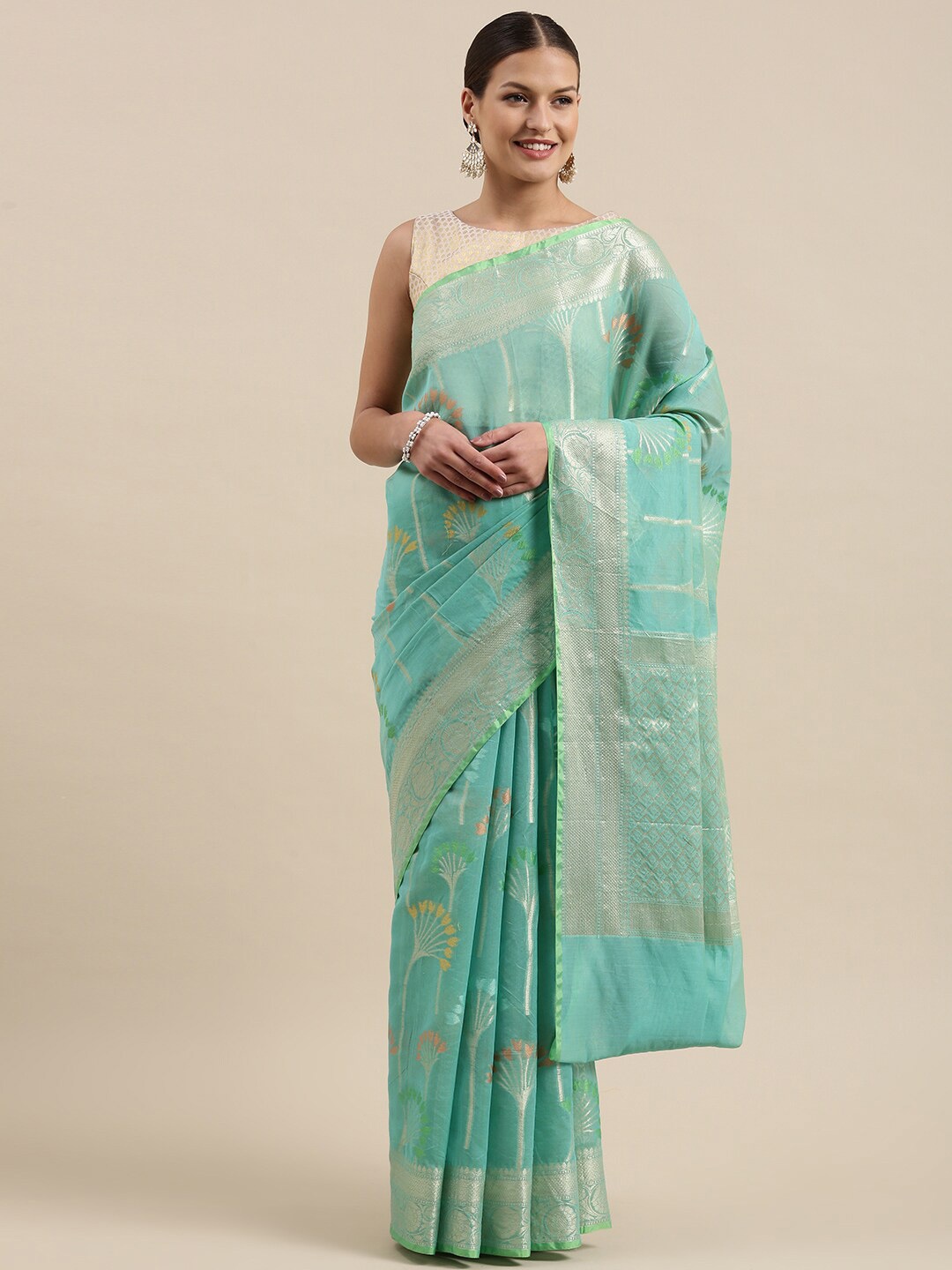 

PTIEPL Banarasi Silk Works Floral Woven Design Zari Saree, Sea green