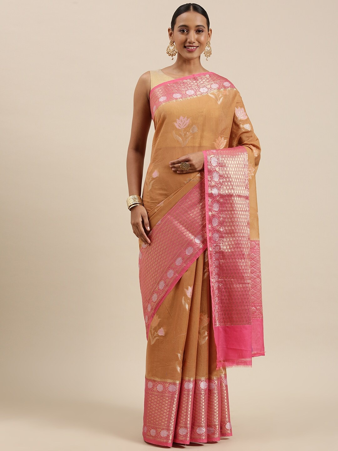 

PTIEPL Banarasi Silk Works Floral Woven Design Zari Banarasi Saree, Orange