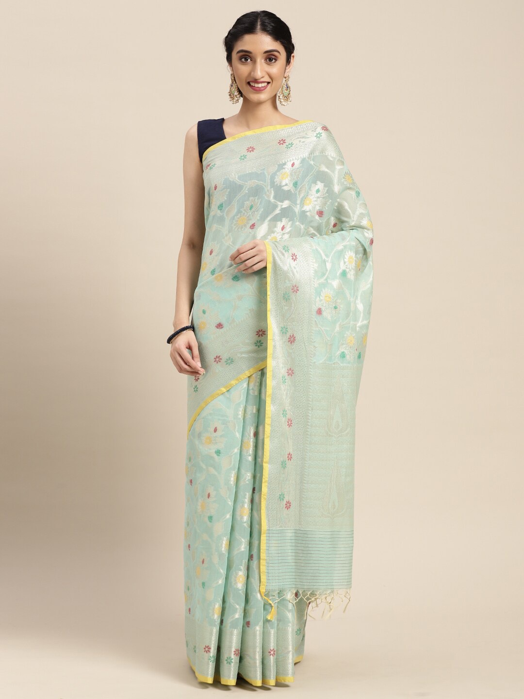 

PTIEPL Banarasi Silk Works Floral Woven Design Zari Banarasi Saree, Sea green
