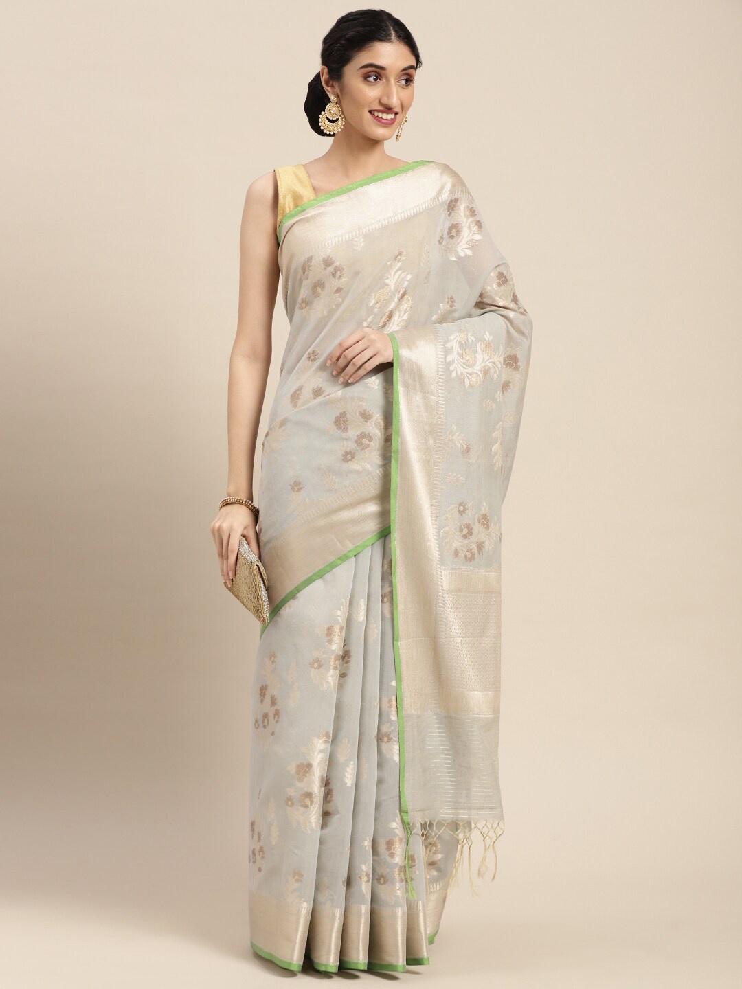 

PTIEPL Banarasi Silk Works Floral Woven Design Zari Banarasi Saree, Beige