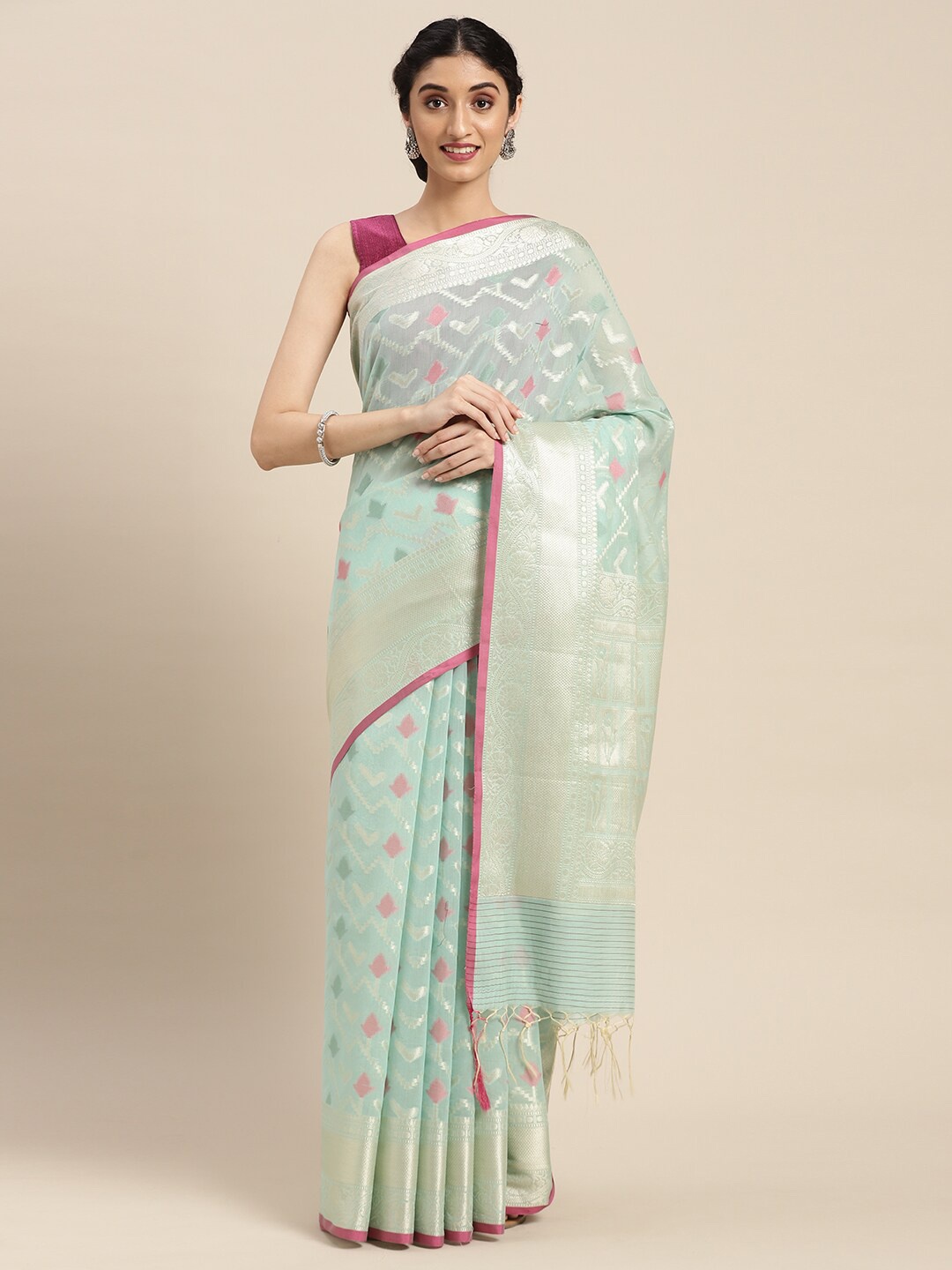 

PTIEPL Banarasi Silk Works Floral Woven Design Zari Banarasi Saree, Sea green
