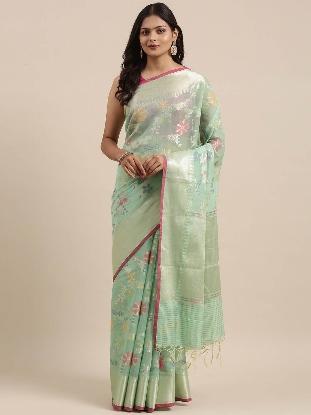 

PTIEPL Banarasi Silk Works Floral Woven Designed Zari Saree, Sea green