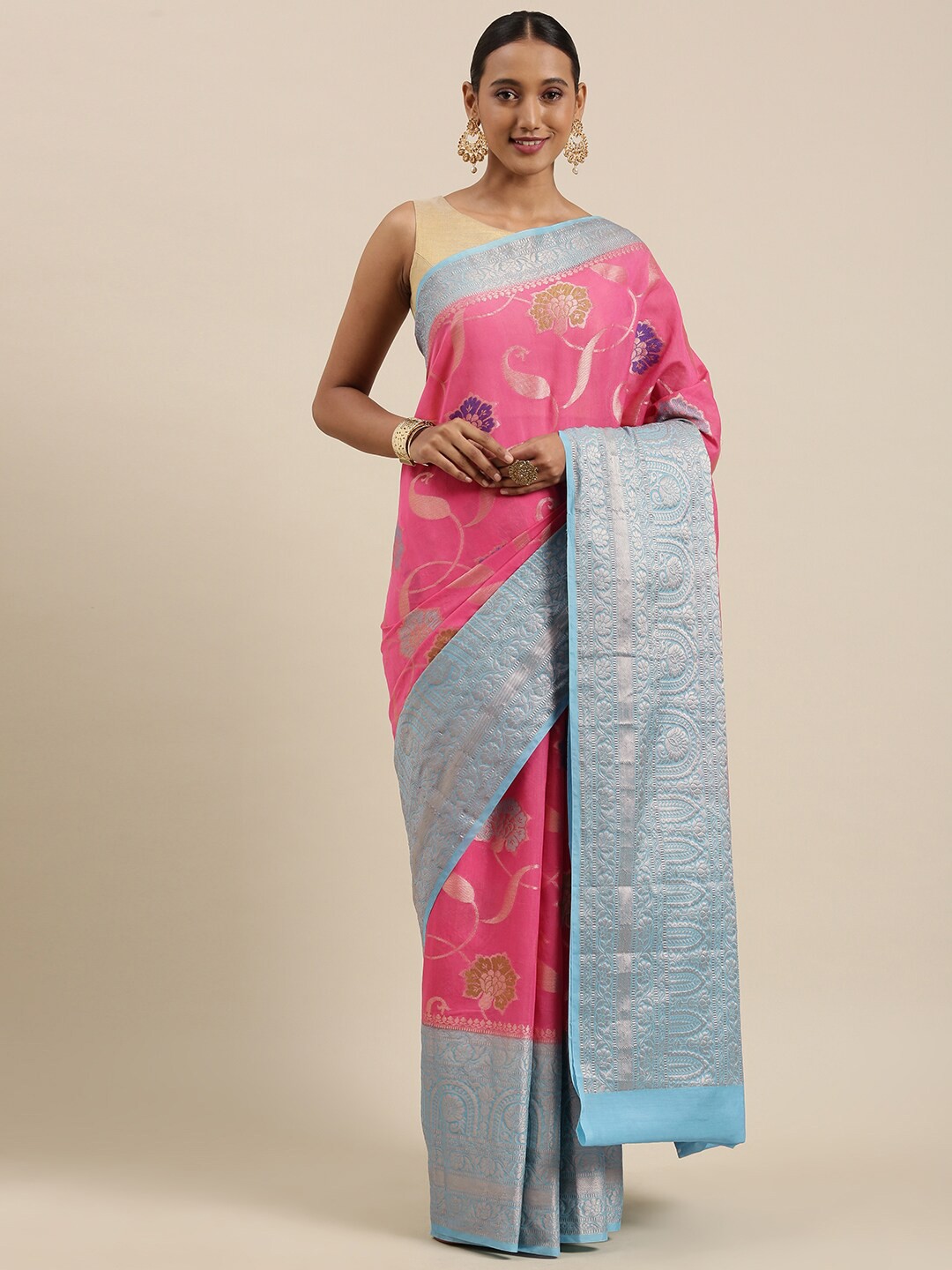 

PTIEPL Banarasi Silk Works Floral Woven Design Zari Banarasi Saree, Pink