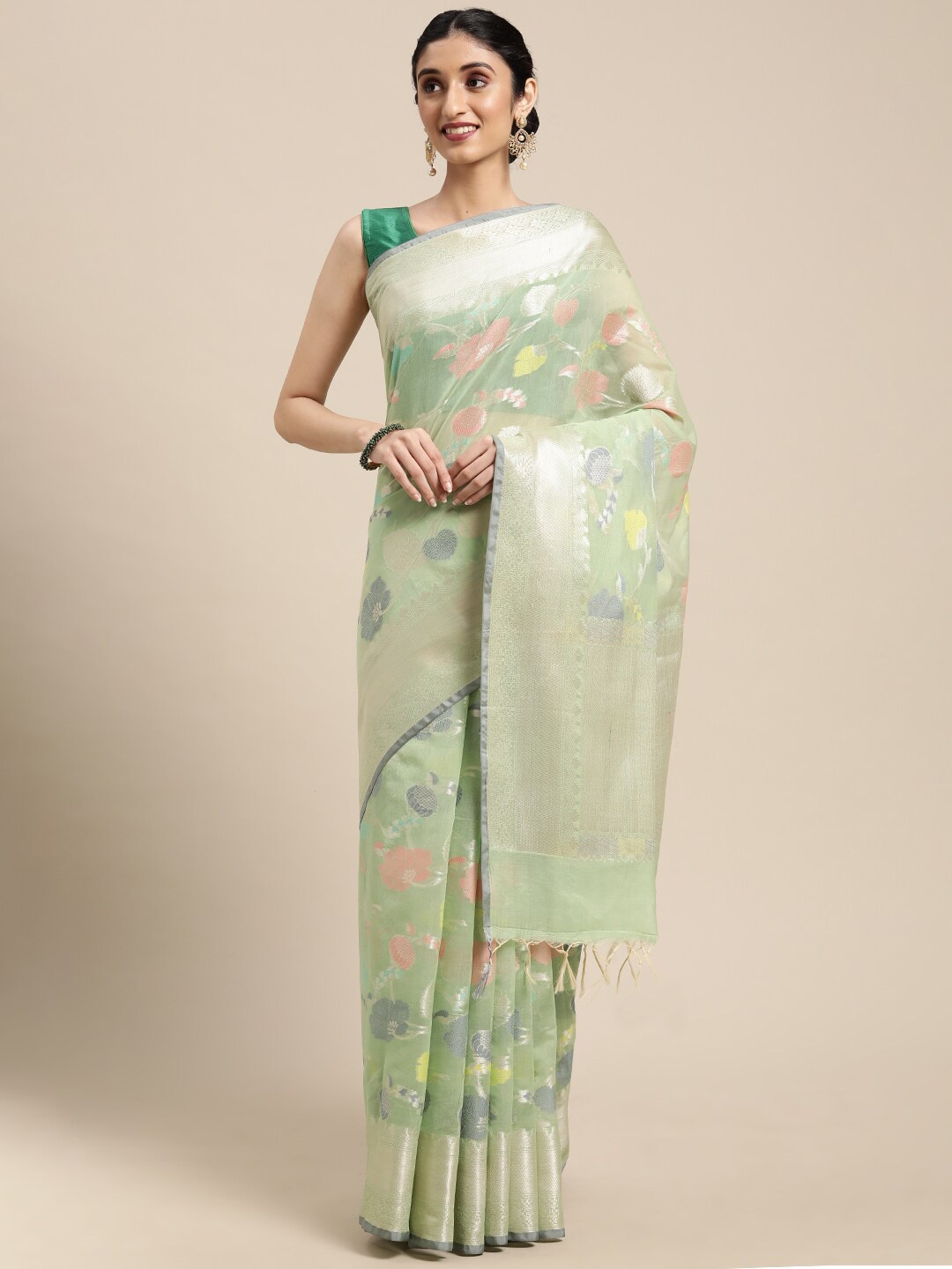 

PTIEPL Banarasi Silk Works Floral Woven Design Zari Banarasi Saree, Green