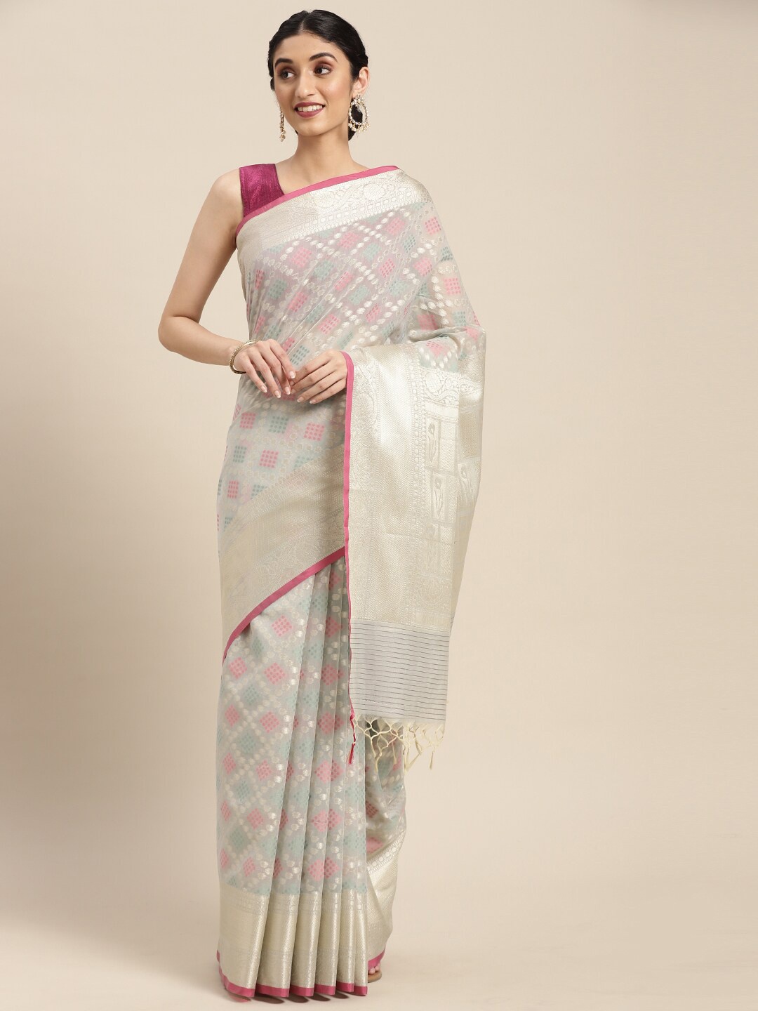 

PTIEPL Banarasi Silk Works Geometric Woven Design Zari Banarasi Saree, Grey