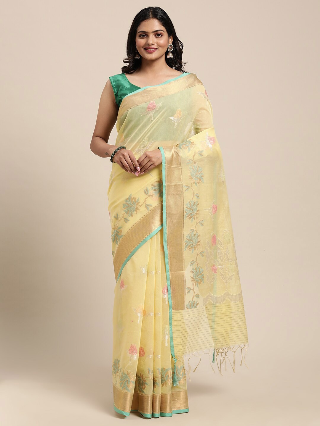 

PTIEPL Banarasi Silk Works Floral Woven Designed Zari Saree, Yellow