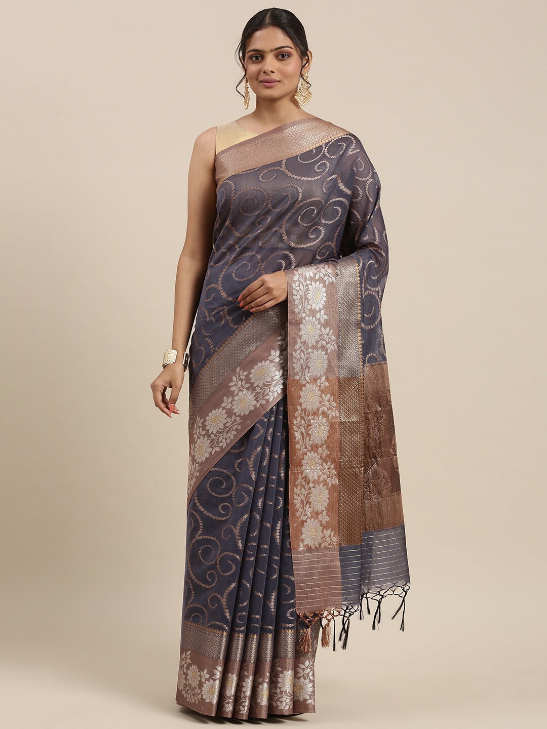 

PTIEPL Banarasi Silk Works Floral Woven Designed ZariSaree, Grey