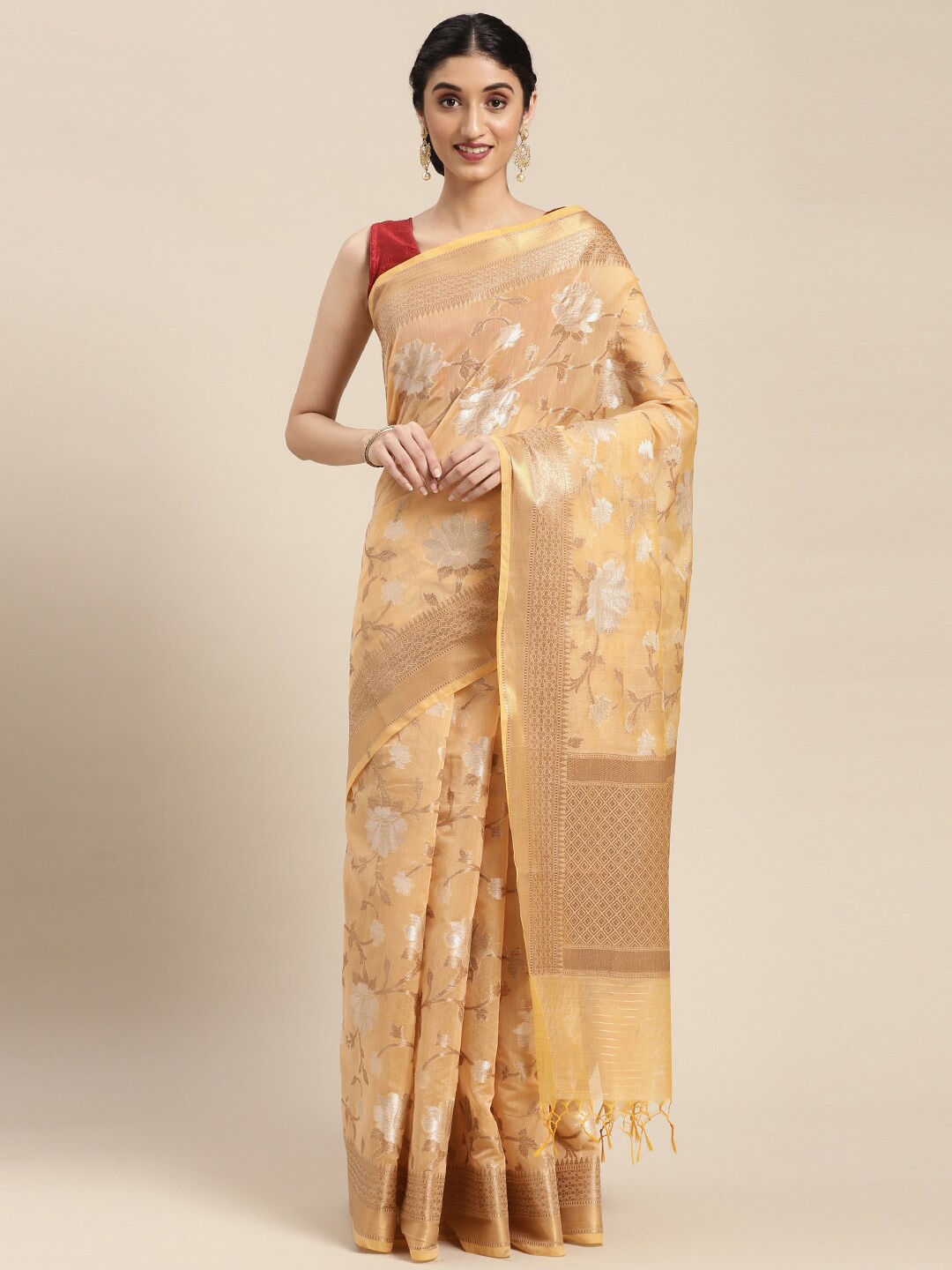 

PTIEPL Banarasi Silk Works Floral Woven Design Zari Saree, Beige