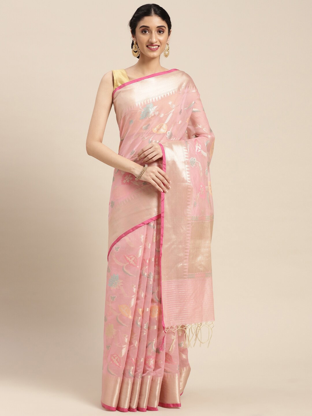 

PTIEPL Banarasi Silk Works Floral Woven Design Zari Banarasi Saree, Pink