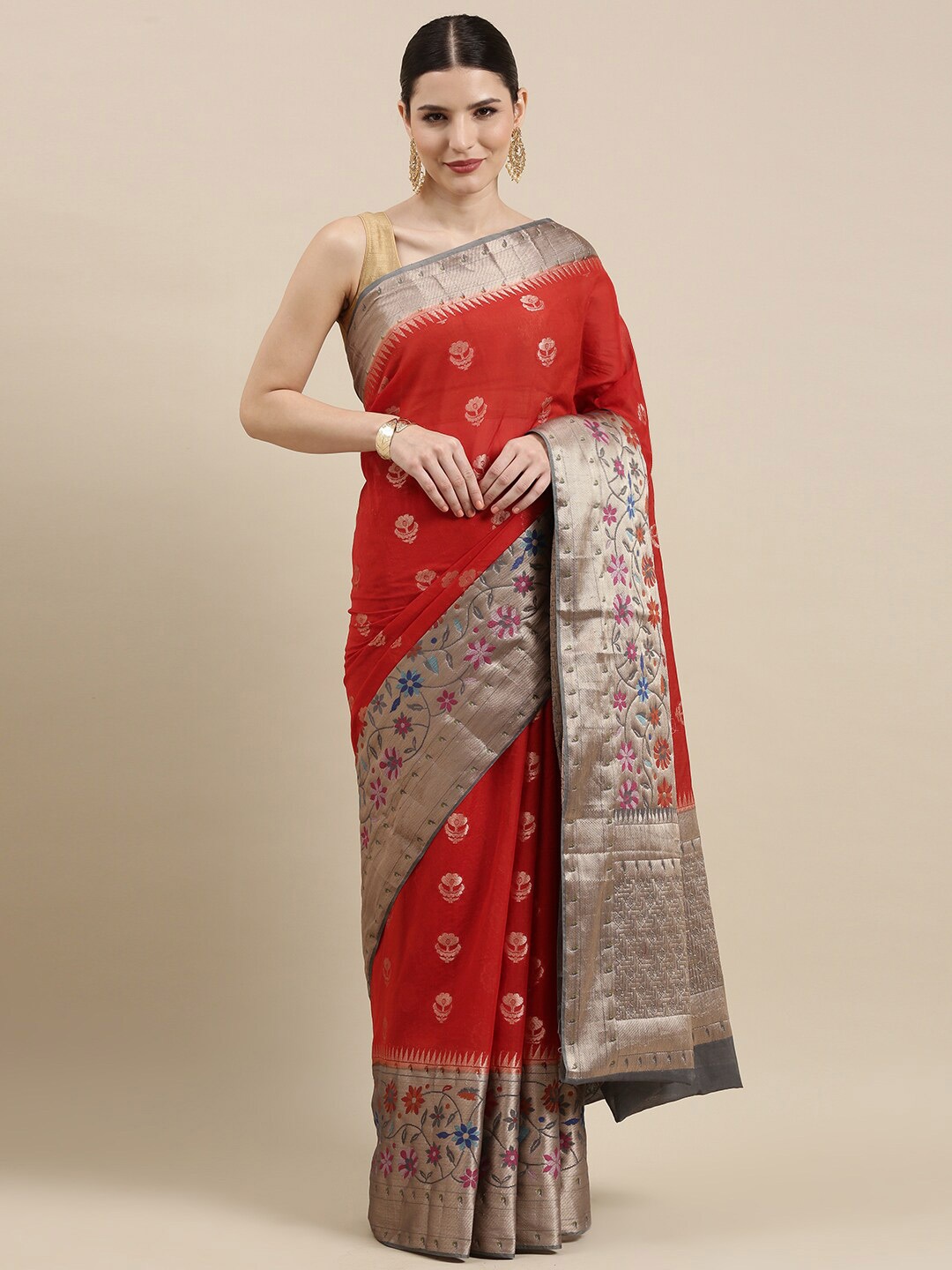 

PTIEPL Banarasi Silk Works Floral Woven Designed Zari Banarasi Saree, Red